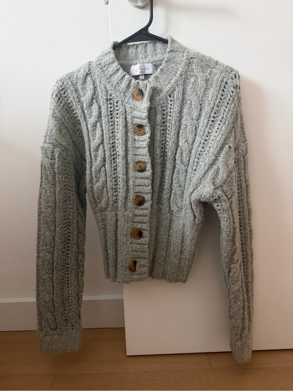 L’Academie Women's Cable Knit Button-Up Sweater Cardigan - Light Gray